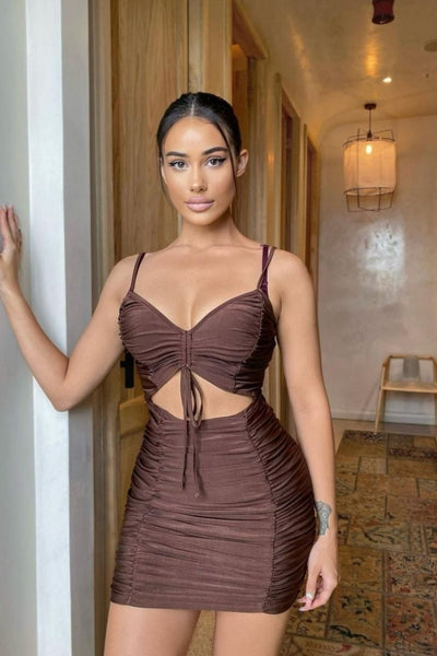 Brown Slinky Ruched Cut Out Strappy Mini Dress