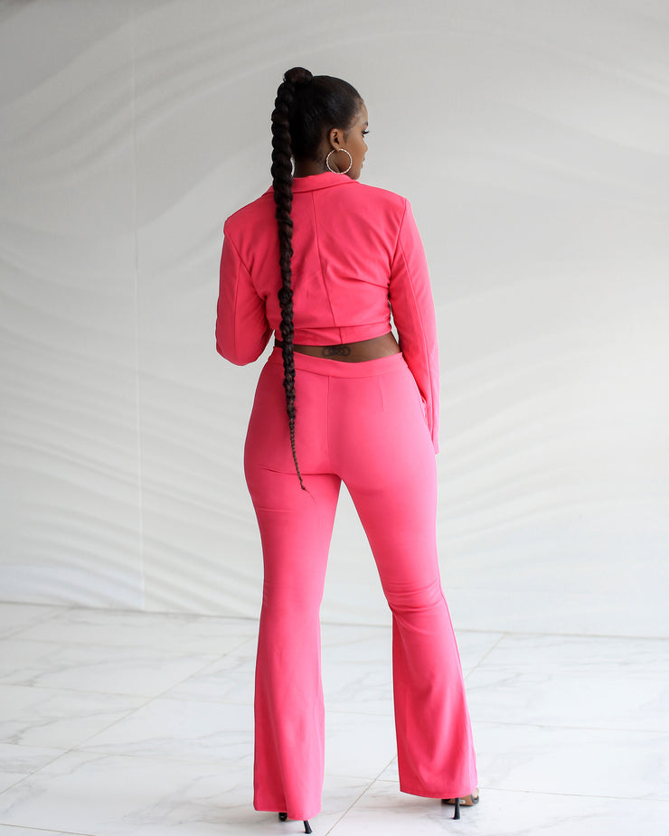 PINK TAILORED FRONT KNOTTED BLAZER & BELL BOTTOM TROUSER SET