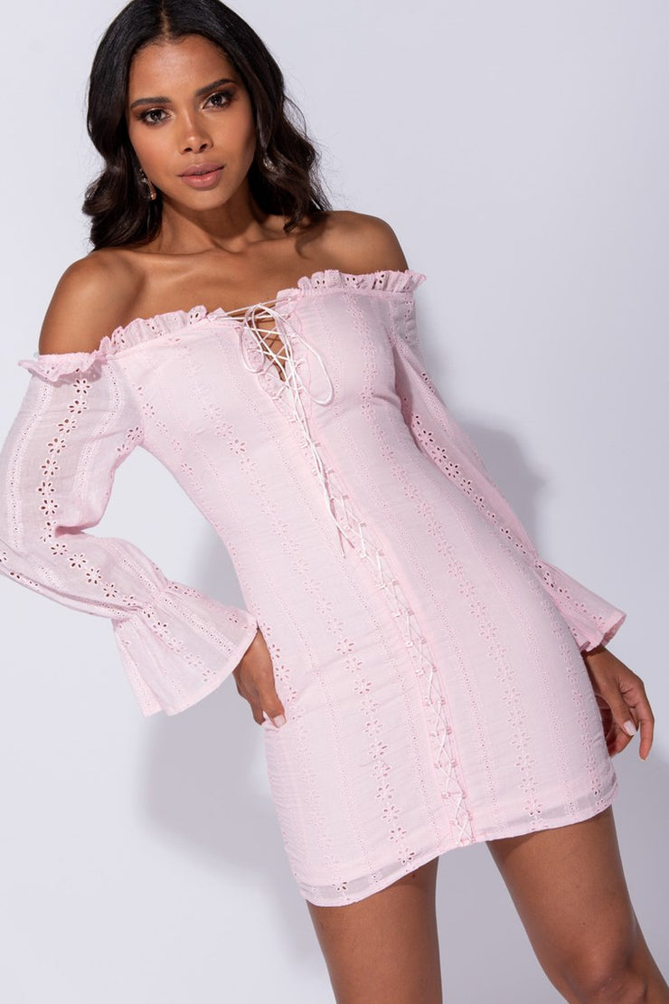 Pink broderie lace bardot dress