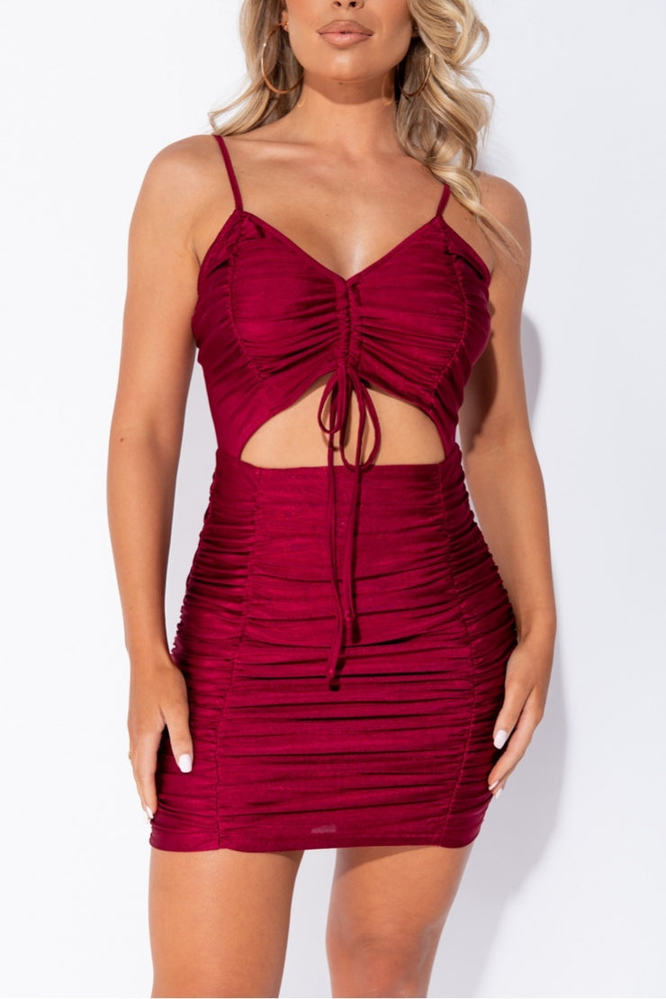 Wine Slinky Ruched Cut Out Strappy Mini Dress